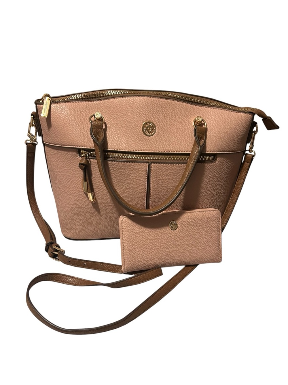 EUC Anne Klein Blush Pink Pebbled Leather Satchel with Matching Wallet